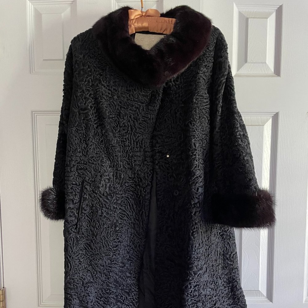 Broadtail and mink fur coat